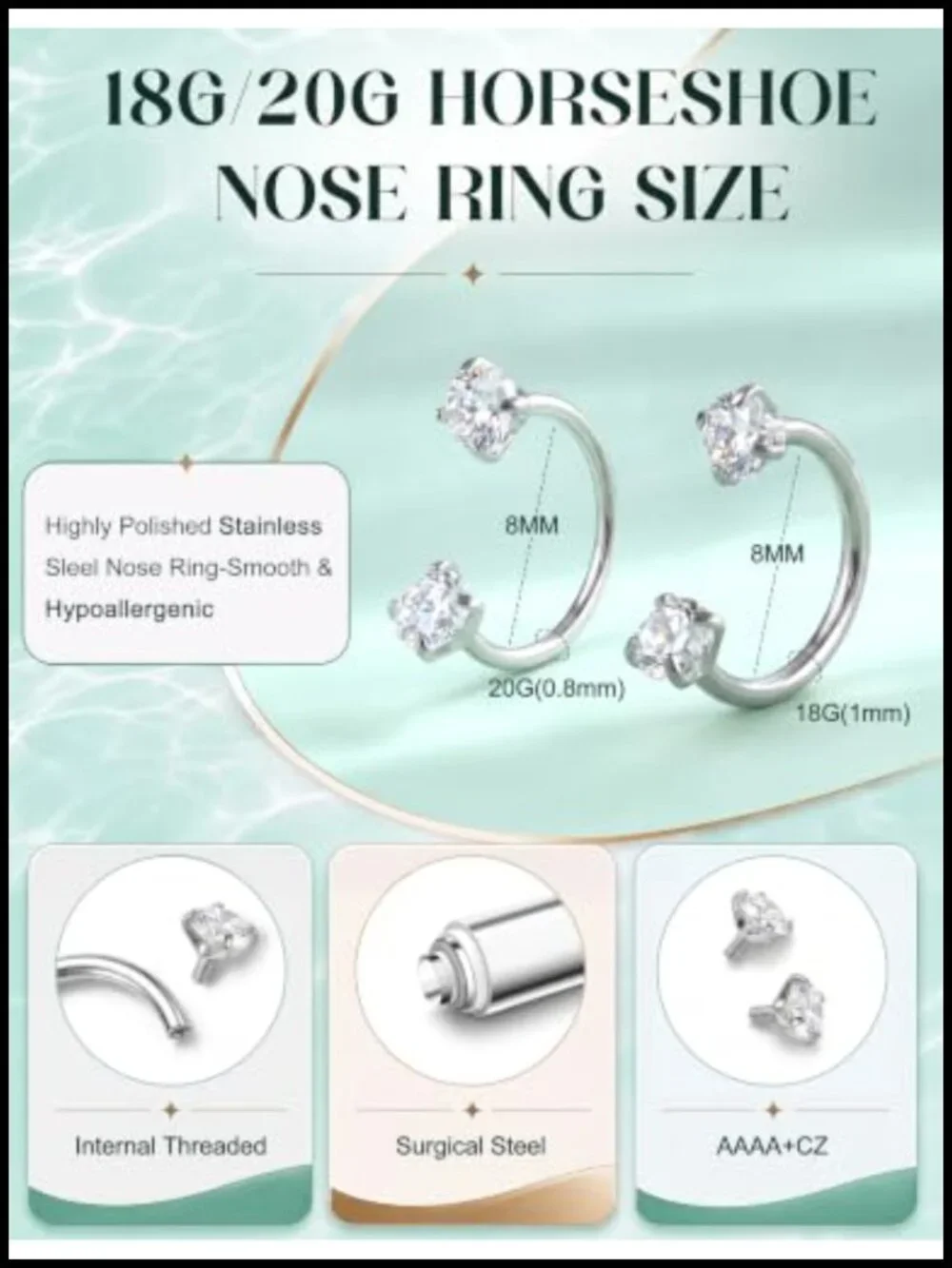 9Pc Horseshoe Nose Ring Set Surgical Steel 20G Septum Hoop Lip Ring CZ
